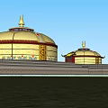Golden Traditional Yurts with Ornate Decorations under Blue Sky on Grassland