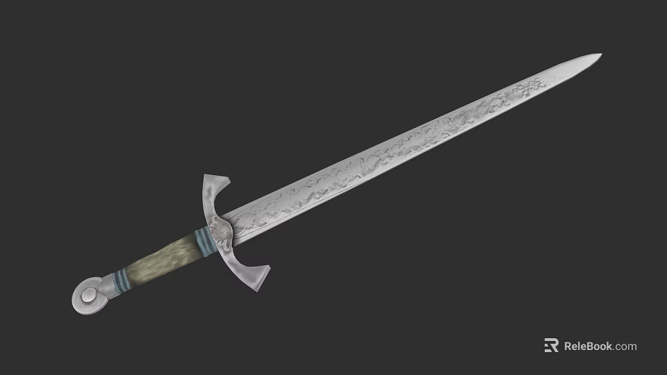 Engraved Medieval Sword Weapon With Wooden Hilt And Decorative Guard 3d model 