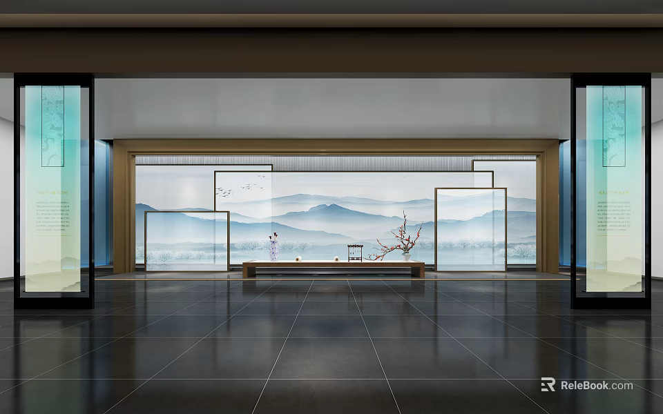 Chinese Style Exhibition Hall With Landscape Background Wooden Screen And Tea Ceremony Area 3d model 