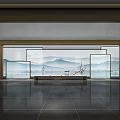 Chinese Style Exhibition Hall With Landscape Background Wooden Screen And Tea Ceremony Area