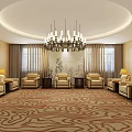 Elegant Hotel Public Lounge Area With Chandelier Beige Sofas Patterned Carpet And Windows 3d model