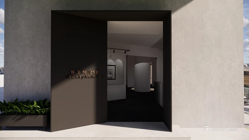 Modern Gallery Storefront with Open Dark Door Golden Lettering Green Plant and Interior View 3d model 