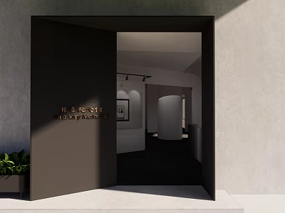 Modern Gallery Storefront with Open Dark Door Golden Lettering Green Plant and Interior View 3d model