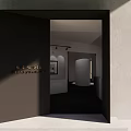 Modern Gallery Storefront with Open Dark Door Golden Lettering Green Plant and Interior View