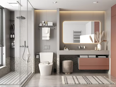 Modern Bathroom with Glass Shower Toilet Vanity Large Mirror Marble Countertop and Gray Pink Cabinet 3d model