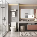 Modern Bathroom with Glass Shower Toilet Vanity Large Mirror Marble Countertop and Gray Pink Cabinet
