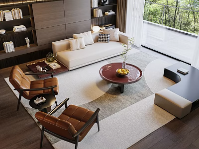 Beige Sofa And Round Coffee Table Combination With Brown Chairs Rug Bookshelves Green View 3d model