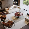 Beige Sofa And Round Coffee Table Combination With Brown Chairs Rug Bookshelves Green View