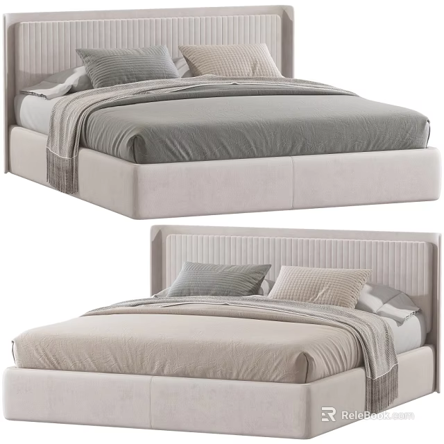 Modern Tufted Upholstered Double Bed With Light Frame Decorative Pillows And Soft Throw Blanket 3d model 
