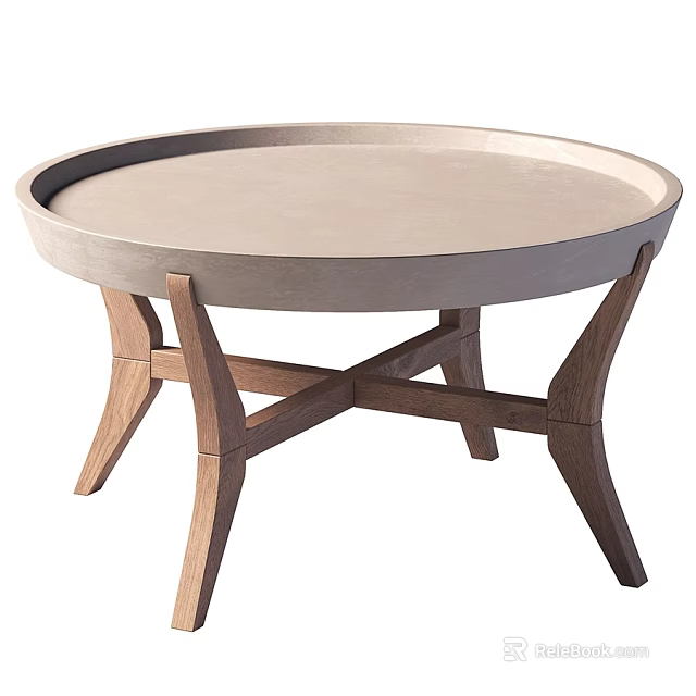 Round Modern Dining Table With Light Colored Surface And Wooden Crossed Legs 3d model 