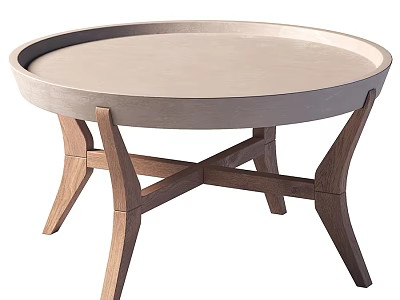 Round Modern Dining Table With Light Colored Surface And Wooden Crossed Legs 3d model