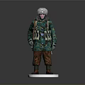 Military Figure Model In Camouflage Uniform With Fur Hat On White Base