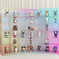 Transparent Rainbow Colored Action Figure Display Cabinet Showcasing Various Collectible Figurines On Striped Background