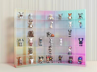 Transparent Rainbow Colored Action Figure Display Cabinet Showcasing Various Collectible Figurines On Striped Background 3d model