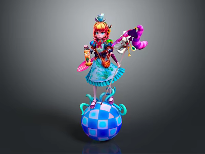 Colorful Haired Character In Blue Dress With Purple Pink Creature On Checkered Ball 3d model