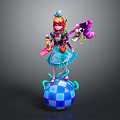 Colorful Haired Character In Blue Dress With Purple Pink Creature On Checkered Ball
