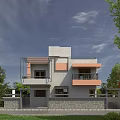 Modern Two Story Detached Villa With Gray And Orange Exterior And Green Surroundings