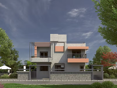 Modern Two Story Detached Villa With Gray And Orange Exterior And Green Surroundings 3d model