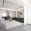 Modern Living and Dining Area With Black Sofa Beige Rug And Abstract Artwork