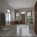 Living Dining Room with Wooden Beam Ceiling Gray Walls Large Windows Sunlight Sofa and Dining Table