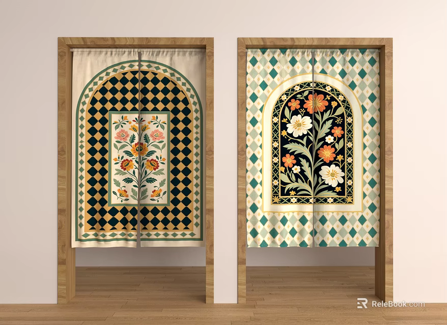 Decorative Kitchen Curtain with Floral Pattern and Geometric Background in Doorway Frame 3d model 