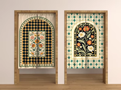 Decorative Kitchen Curtain with Floral Pattern and Geometric Background in Doorway Frame 3d model