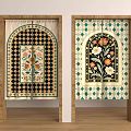 Decorative Kitchen Curtain with Floral Pattern and Geometric Background in Doorway Frame