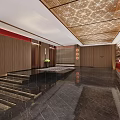 Modern Hotel Public Lounge With Wooden Structure Large Green Plant Red Seats And Geometric Floor