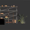 Rustic Wooden Shelf With Terracotta Pots Garden Tools And Green Plants