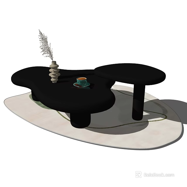 Black Irregular Shaped Coffee Table with Feather Decoration Cup and Saucer and Black Round Legs 3d model 