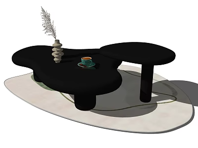 Black Irregular Shaped Coffee Table with Feather Decoration Cup and Saucer and Black Round Legs 3d model
