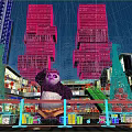 Illuminated Night View of Urban Plaza with Tall Buildings Giant Panda Christmas Trees and Gifts