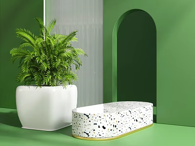 Modern Commercial Equipment With White Speckled Countertop And Green Plant On Green Background 3d model