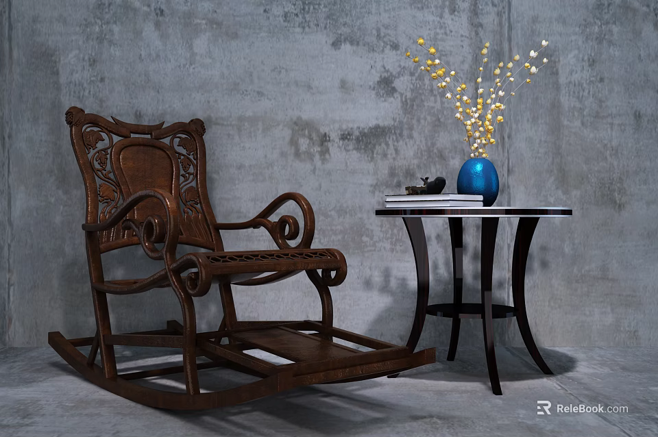 Brown Wooden Rocking Chair With Carved Design And Side Table Blue Vase Yellow Flowers 3d model 