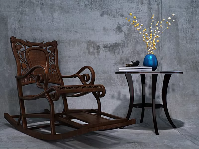 Brown Wooden Rocking Chair With Carved Design And Side Table Blue Vase Yellow Flowers 3d model