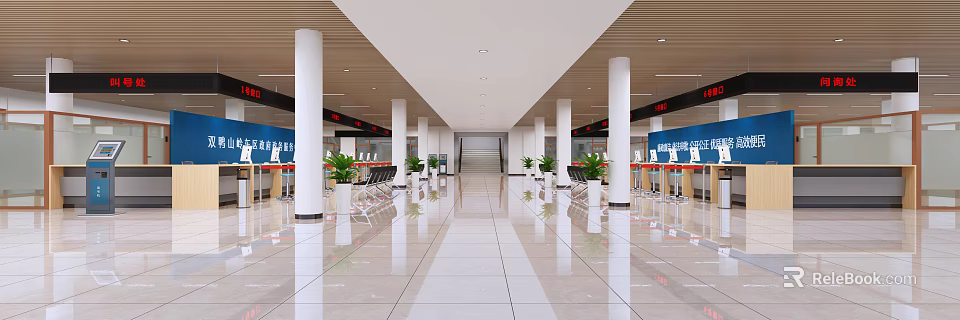 Efficient Service Hall Interior Design With Service Counters Waiting Seats And Green Plants 3d model 