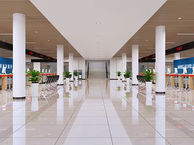Efficient Service Hall Interior Design With Service Counters Waiting Seats And Green Plants 3d model
