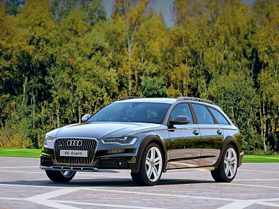 Black Audi Allroad Station Wagon With Roof Rails In Green Forest Road View 3d model