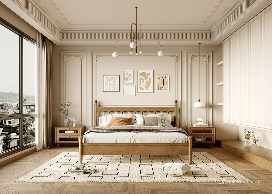 Elegant Neutral Tones Bedroom With Ceiling Moldings Chandelier Wooden Bed Framed Artworks And Rug 3d model 