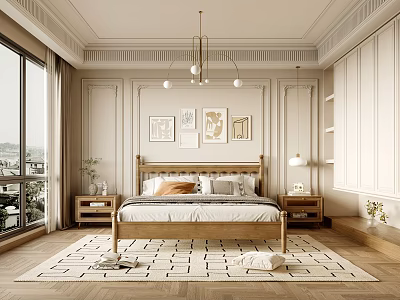 Elegant Neutral Tones Bedroom With Ceiling Moldings Chandelier Wooden Bed Framed Artworks And Rug 3d model