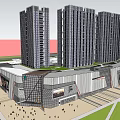 Modern Commercial Complex With Glass Facade Luxury Stores Outdoor Plaza And Green Lawns