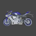 Blue and White Sport Motorcycle With Sleek Design Golden Shock Absorbers And Black Seat