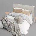 Cozy Minimalist Bedroom Bed With Beige Headboard Pillows Gray Blanket And Wooden Stools