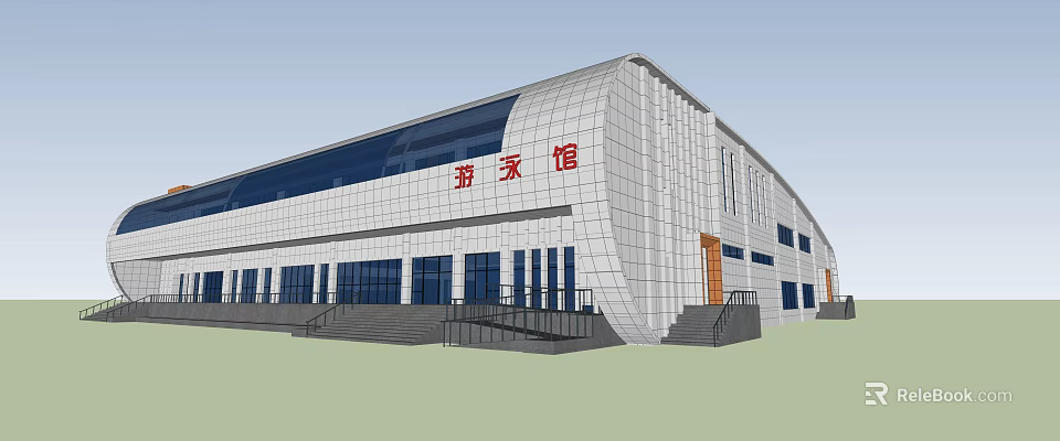 Modern Swimming Pool Building With White Exterior Large Windows And Entrance Steps 3d model 