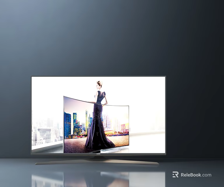 Modern Curved Computer Monitor With Sleek Stand Displaying Woman Image And City Backdrop 3d model 