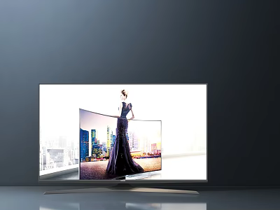 Modern Curved Computer Monitor With Sleek Stand Displaying Woman Image And City Backdrop 3d model