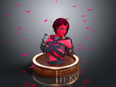 Hekate Game Character With Red Hair Bandaged Outfit And Pink Feathers On Wooden Base 3d model
