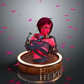 Hekate Game Character With Red Hair Bandaged Outfit And Pink Feathers On Wooden Base
