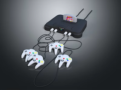 Entertainment Electronics Game Console with Antennas and Multiple Connected Game Controllers 3d model