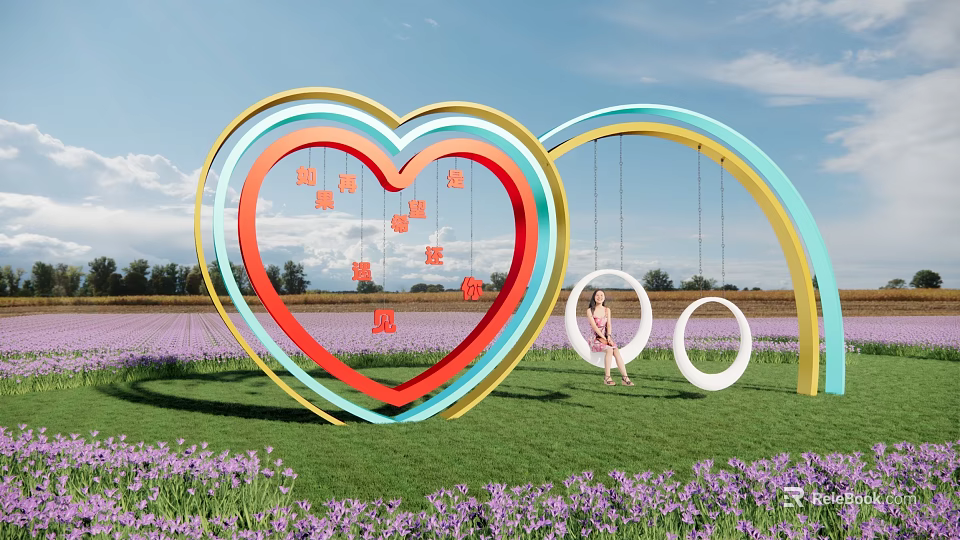 Colorful Heart Shaped Garden Ornament With Swing In Purple Flower Field Under Blue Sky 3d model 